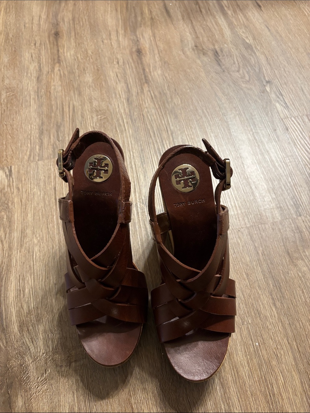 Tory Burch Brown Leather Strappy Platform Sandals with Logo Accent